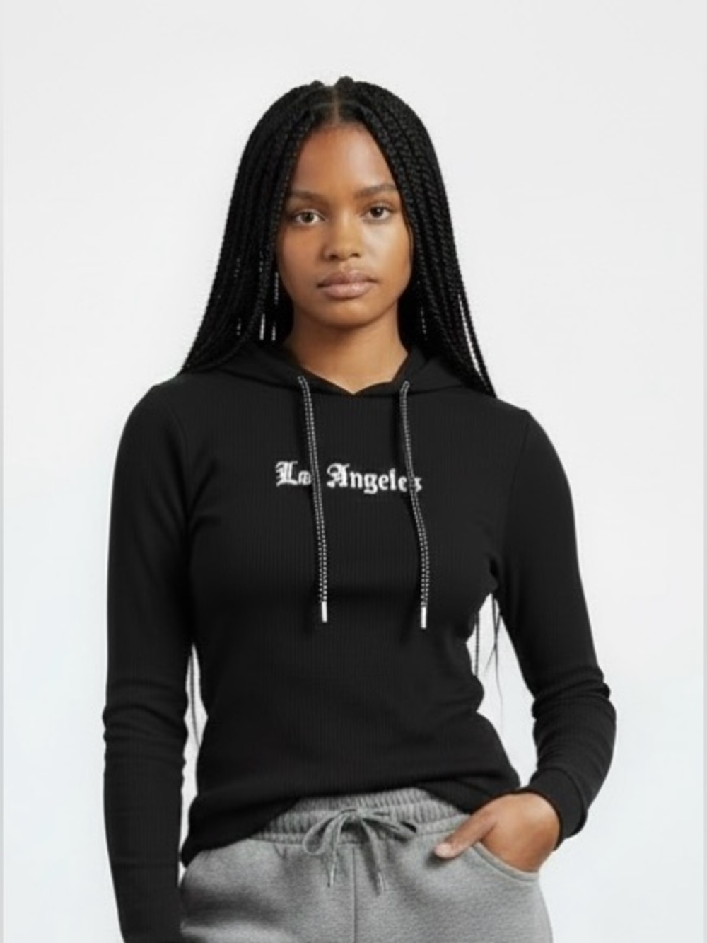 RESTRICTED TO ALL Y2K Thermal Los Angeles Hoodie Waffle Knit Black S